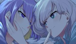 Rule 34 | 2girls, absurdres, aqua eyes, blonde hair, blue shirt, bright pupils, collared shirt, colored inner hair, commentary, finger to another&#039;s mouth, grey hair, hair behind ear, hand on another&#039;s face, heart, heart-shaped pupils, highres, hololive, hololive indonesia, landacdeus, lying, moona hoshinova, multicolored hair, multiple girls, on side, pavolia reine, purple eyes, purple hair, shirt, symbol-shaped pupils, virtual youtuber, white pupils, yuri