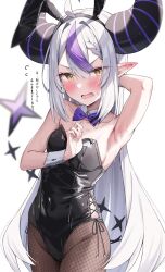 Rule 34 | 1girl, absurdres, animal ears, armpits, blush, bow, bowtie, breasts, detached collar, fake animal ears, fishnet pantyhose, fishnets, flying sweatdrops, green tea (greente42869067), grey hair, highres, hololive, horns, la+ darknesss, leotard, long hair, looking at viewer, multicolored hair, pantyhose, playboy bunny, purple hair, rabbit ears, simple background, small breasts, tail, translated, two-tone hair, very long hair, virtual youtuber, white background, wrist cuffs