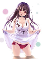 Rule 34 | 1girl, bikini, bikini under clothes, blunt bangs, breasts, brown hair, cleavage, clothes lift, dress, dress lift, gluteal fold, highres, lifted by self, long hair, looking at viewer, medium breasts, open mouth, original, red bikini, red eyes, silhouette, solo, swimsuit, swimsuit under clothes, wading, white dress, yoshida takuma