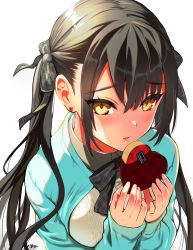 Rule 34 | 1girl, black hair, blush, bow, box, collared shirt, commentary request, earrings, gift, gift box, grey bow, hair between eyes, hair bow, hands up, heart, heart-shaped box, heart earrings, highres, holding, holding gift, jewelry, kojima saya, long hair, long sleeves, looking at viewer, original, parted lips, plaid, plaid bow, shirt, sidelocks, signature, simple background, sleeves past wrists, solo, stud earrings, twintails, upper body, valentine, very long hair, white background, white shirt, yellow eyes