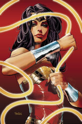 Rule 34 | 1girl, bare shoulders, black hair, blue eyes, bracer, breasts, corset, dc comics, gradient background, highres, holding lasso, lasso, lasso of truth, long hair, looking at viewer, red background, red corset, signature, small breasts, solo, tiara, upper body, urbanbarbarian, wonder woman, wonder woman (series)