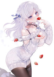 Rule 34 | 1girl, bare shoulders, black choker, blue eyes, blue ribbon, braid, breasts, brown pantyhose, chiyuki anekawa, choker, cleavage, collarbone, commentary request, dress, food, from side, fruit, hair ornament, hair ribbon, hands up, highres, holding, holding food, indie virtual youtuber, large breasts, leaning forward, long hair, long sleeves, looking at viewer, mole, mole on breast, mole under mouth, pantyhose, ribbed sweater, ribbon, silver hair, simple background, sleeves past wrists, smile, snowflake hair ornament, solo, strawberry, sweater, sweater dress, virtual youtuber, white background, yukimiya yuge