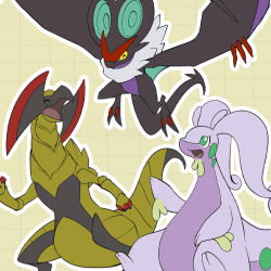 Rule 34 | ^ ^, claws, closed eyes, closed mouth, commentary, creatures (company), closed eyes, game freak, gen 5 pokemon, gen 6 pokemon, goodra, green eyes, grid background, haxorus, kelvin-trainerk, nintendo, no humans, noivern, open mouth, outline, pokemon, pokemon (creature), smile, tongue
