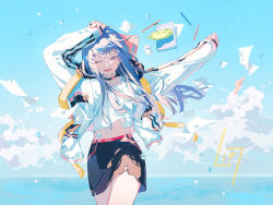 Rule 34 | 1girl, arms up, black skirt, blue hair, blue sky, blue theme, blunt bangs, blunt ends, chinese commentary, choker, cloud, commentary, floating, floating hair, floating object, hand on own head, head tilt, horizon, jacket, lirseven, long hair, long sleeves, mechanical pencil, midriff, one eye closed, open clothes, open jacket, open mouth, original, pencil, pencil case, pinching sleeves, purple eyes, redrawn, shirt, skirt, sky, sleeves past wrists, smile, solo, unzipped, white jacket, white shirt