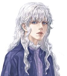 Rule 34 | 1boy, berserk, blue eyes, closed mouth, frilled shirt collar, frills, griffith (berserk), highres, lips, long hair, looking at viewer, male focus, natsuhiro, simple background, solo, wavy hair, white background, white hair
