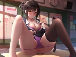 Rule 34 | 1girl, anus, anus only, ass, black hair, black jacket, black thighhighs, bra, breasts, brown eyes, business suit, chalkboard, cleavage, clock, collarbone, commentary request, desk, formal, hair ornament, highres, indoors, jacket, large breasts, looking at viewer, m legs, nail polish, on desk, open clothes, open shirt, original, panties, panty pull, pointer, poster (object), purple bra, purple panties, pussy, pussy juice, shirt, short hair, sidelocks, single thighhigh, sitting, on desk, solo, stained panties, suit, teacher, thighhighs, thighs, tongue, tongue out, toyosaki shu, underwear, white shirt, x hair ornament