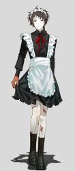 Rule 34 | 1boy, absurdres, alternate costume, apron, black dress, black footwear, boots, brown hair, chinese commentary, collared dress, commentary request, cross-laced footwear, crossdressing, dress, enmaided, frilled apron, frilled dress, frills, full body, grey background, harada minoru, highres, kyoko (akakikyoko), lace-up boots, long sleeves, maid, maid apron, maid headdress, male focus, male maid, multiple scars, neck ribbon, red eyes, red ribbon, ribbon, saibou shinkyoku, scar, scar on face, scar on forehead, scar on leg, short dress, short hair, simple background, skirt hold, solo, white apron