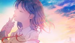 Rule 34 | 2018, 2girls, artist name, black hair, closed eyes, cloud, cloudy sky, collared shirt, commentary request, dress shirt, finger to mouth, fingernails, long hair, multiple girls, neck ribbon, original, out of frame, outdoors, parted lips, profile, red ribbon, ribbon, sheepd, shirt, sky, solo focus, sunset, twitter username, upper body, white shirt, yuri
