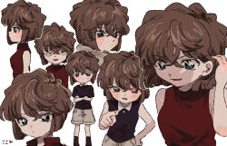Rule 34 | 1girl, bare arms, bare shoulders, black shirt, blush, bob cut, brown hair, child, collared shirt, crossed arms, flustered, green eyes, grey shorts, haibara ai, hand on own hip, hand up, jitome, looking ahead, looking at viewer, looking to the side, meitantei conan, multiple views, profile, red shirt, shirt, short hair, shorts, simple background, sleeveless, sleeveless shirt, smile, smug, standing, tucking hair, usa (pixiv53103227), white background