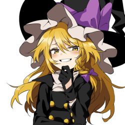 Rule 34 | 1girl, bad id, bad twitter id, black gloves, black hat, blonde hair, blush, bow, braid, buttons, gloves, grin, hair bow, hat, hat bow, kirisame marisa, long hair, long sleeves, manarou, simple background, single braid, smile, smug, solo, touhou, upper body, white background, witch hat, yellow eyes