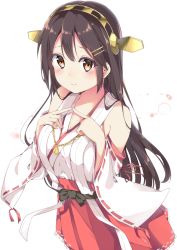 Rule 34 | 10s, 1girl, blush, brown eyes, brown hair, chikuwa., closed mouth, detached sleeves, fingers together, hair between eyes, hair ornament, hairband, hairclip, hakama, hakama short skirt, hakama skirt, haruna (kancolle), index fingers together, japanese clothes, kantai collection, long hair, looking at viewer, nontraditional miko, red skirt, ribbon-trimmed sleeves, ribbon trim, skirt, smile, solo, twiddling fingers, upper body, very long hair, white background