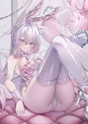 Rule 34 | 1girl, animal ear fluff, animal ears, ass, balloon, blush, breasts, cameltoe, chain, closed mouth, crossed bangs, detached collar, heart, high heels, highres, large breasts, leotard, light purple hair, long hair, looking at viewer, nyankoni koban, original, panties, pillow, pussy, pussy peek, ribbon, sidelocks, solo, thighhighs, thighs, underwear, white panties, wrist cuffs