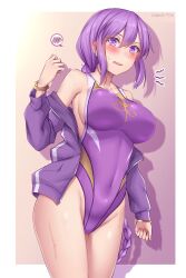 Rule 34 | 1girl, braid, commentary request, competition swimsuit, cowboy shot, highleg, highleg swimsuit, highres, jacket, long hair, melty blood, multicolored clothes, multicolored swimsuit, multiple girls, one-piece swimsuit, open clothes, open jacket, purple hair, purple jacket, purple one-piece swimsuit, single braid, sion eltnam atlasia, solo, soukitsu, spoken blush, swimsuit, tsukihime