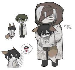 Rule 34 | 1girl, 3boys, animal ears, bandage over one eye, bandages, black eyes, black hair, black pants, black vest, collared shirt, dongbaek (project moon), dongrang (limbus company), fox ears, fox tail, giovan nnn, glasses, green eyes, green hair, green necktie, grey hair, gubo (project moon), hands in pockets, highres, hood, hoodie, lab coat, limbus company, middle finger, multiple boys, necktie, pants, pocket, project moon, red-framed eyewear, red necktie, shirt, tail, teardrop, vest, white hoodie, yellow eyes, yi sang (project moon)
