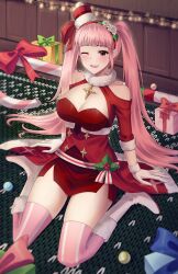 Rule 34 | 1girl, ;d, bare shoulders, bauble, boots, breasts, candy, candy cane, christmas, christmas ornaments, cleavage, doiparuni, female focus, fire emblem, fire emblem: three houses, fire emblem heroes, food, gift, gloves, hairband, highres, hilda valentine goneril, hilda valentine goneril (winter), knee boots, large breasts, medium breasts, mistletoe, nintendo, official alternate costume, one eye closed, open mouth, oversized food, oversized object, pink eyes, pink hair, red hairband, sitting, smile, solo, striped clothes, striped thighhighs, thighhighs, twintails, wariza, white gloves, wink