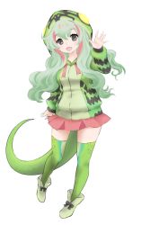 Rule 34 | 10s, 1girl, :d, animal hood, arm at side, black bow, boomslang (kemono friends), bow, breasts, eyebrows, eyelashes, full body, green footwear, green hair, green hoodie, green thighhighs, grey eyes, hair between eyes, hand up, hood, hood up, hoodie, ise (0425), kemono friends, legs apart, long hair, long sleeves, looking at viewer, medium breasts, multicolored hair, open mouth, pigeon-toed, pink hair, pink skirt, pleated skirt, shoes, simple background, skirt, smile, snake tail, solo, tail, thighhighs, two-tone hair, very long hair, white background, zettai ryouiki