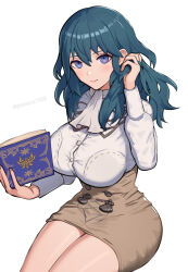 Rule 34 | 1girl, absurdres, blue hair, book, breasts, buttons, byleth (female) (fire emblem), byleth (fire emblem), commentary request, fire emblem, fire emblem: three houses, garreg mach monastery uniform, gonzarez, high-waist skirt, highres, holding, holding book, large breasts, long hair, looking at viewer, messy hair, nintendo, pencil skirt, purple eyes, shirt, sitting, skirt, white shirt