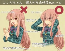 Rule 34 | 1girl, arms up, blush, bow, bowtie, dual persona, expressions, flying sweatdrops, green background, hands on own head, hata no kokoro, long hair, long sleeves, one eye closed, open mouth, own hands together, pink hair, plaid, plaid shirt, red eyes, shaded face, shirt, simple background, smile, solo, sweat, text focus, touhou, translation request, upper body, urin