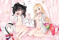 Rule 34 | 2girls, :d, ahoge, animal ears, bare legs, barefoot, bed, black hair, blonde hair, blush, bow, breasts, brown eyes, canopy bed, cat ears, cat girl, cat tail, closed mouth, collared shirt, commentary request, commission, crescent, dated, dress shirt, fang, hair between eyes, hands up, heart, highres, holding hands, ia (ias1010), interlocked fingers, long hair, low twintails, medium breasts, multiple girls, naked shirt, navel, open clothes, open mouth, open shirt, original, red bow, shirt, small breasts, smile, star (symbol), tail, tail bow, tail ornament, toenails, twintails, very long hair, white shirt