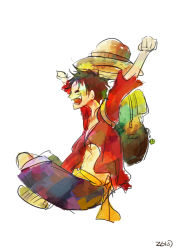 Rule 34 | 1boy, arms up, bag, belt, black hair, closed eyes, hat, unworn hat, unworn headwear, long sleeves, male focus, monkey d. luffy, one piece, open clothes, open mouth, open shirt, profile, red shirt, sandals, sash, shirt, shorts, simple background, sitting, smile, solo, straw hat, white background