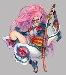 Rule 34 | 1girl, amputee, baiken, belt, breasts, cleavage, drawing sword, eyepatch, facial mark, facial tattoo, grey background, guilty gear, hitsuki (hiidukii), holding, holding sword, holding weapon, japanese clothes, kimono, large breasts, long hair, missing eye, obi, one-eyed, pink eyes, pink hair, ponytail, red eyes, sash, scar, scar across eye, scar on face, sheath, simple background, solo, sword, tattoo, torn clothes, unsheathing, weapon