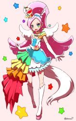Rule 34 | 10s, 1girl, asymmetrical clothes, bare shoulders, commentary request, cure parfait, dress, eyelashes, food, fruit, gradient dress, hairband, half updo, happy, head wings, jewelry, kirahoshi ciel, kirakira precure a la mode, kneehighs, long hair, looking at viewer, magical girl, necklace, open mouth, orange (fruit), orange slice, parted bangs, pink background, pink hair, precure, shirono, simple background, smile, socks, solo, standing, white socks, wings