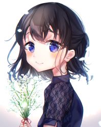 Rule 34 | 1girl, absurdres, aoto sora, baby&#039;s-breath, black shirt, bouquet, brown hair, closed mouth, commentary request, eyebrows hidden by hair, flower, fuyu (xxfylia), gradient background, grey background, highres, holding, holding bouquet, one side up, purple eyes, red ribbon, ribbon, shirt, short hair, short sleeves, smile, solo, station memories, upper body, white background, white shirt