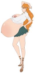 Rule 34 | 1girl, areola slip, ass, big belly, big hair, breasts, brown eyes, clone66, highres, huge breasts, long hair, looking at viewer, nami (one piece), nipples, one piece, orange hair, pregnant, simple background, skirt, solo, tagme