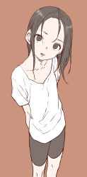 Rule 34 | 1girl, absurdres, bike shorts, black eyes, black hair, black shorts, brown background, collarbone, feet out of frame, forehead, head tilt, highres, long hair, looking at viewer, original, parted bangs, shirt, short shorts, short sleeves, shorts, simple background, solo, standing, white shirt, yamamoto souichirou