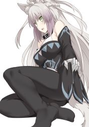 Rule 34 | 1girl, agrius metamorphosis, ahoge, animal ears, atalanta (fate), atalanta alter (fate), atalanta alter (first ascension) (fate), bare shoulders, black collar, breasts, cat ears, collar, fate/grand order, fate (series), green eyes, large breasts, long hair, looking at viewer, no shoes, shiseki hirame, silver hair, solo, tail, very long hair
