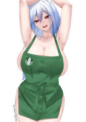 Rule 34 | 1girl, absurdres, amai-pai, apron, armpits, arms up, artist name, blue hair, blush, breasts, cleavage, collarbone, commentary, cowboy shot, fanbox username, green apron, hair between eyes, head tilt, highres, hololive, huge breasts, looking at viewer, mature female, mole, mole on armpit, naked apron, patreon username, pekomama, presenting armpit, red eyes, sideboob, simple background, smile, solo, virtual youtuber, white background