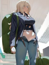 Rule 34 | 1girl, backpack, bag, belt, black jacket, black shirt, blonde hair, blue eyes, blue pants, breasts, brown belt, closed mouth, denim, dog tags, hair between eyes, highres, indoors, jacket, jeans, large breasts, leather, leather jacket, long hair, looking at viewer, miami-chan (ryusei hashida), midriff, navel, open belt, open clothes, open jacket, open pants, original, pants, ryusei hashida, shirt, solo, standing, stomach, torn clothes, torn shirt