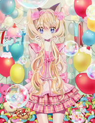 Rule 34 | * *, 1girl, alternate hairstyle, animal ears, balloon, blonde hair, blue eyes, bow, bowtie, cat ears, cream, doily, flag, flower, food, hair flower, hair ornament, hairband, highres, holding, holding hair, leehyun, long hair, muffin, pink flower, pink rose, pink theme, rose, sailor collar, seeu, skirt, smile, solo, star (symbol), stuffed animal, stuffed toy, sweets, teddy bear, twintails, vocaloid