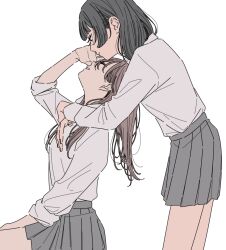 Rule 34 | 2girls, black hair, brown hair, closed eyes, closed mouth, collared shirt, commentary request, grey skirt, highres, kamatama rom, long hair, long sleeves, looking at another, multiple girls, original, parted lips, pleated skirt, school uniform, shirt, shirt tucked in, short hair, simple background, skirt, sleeves past wrists, white background, white shirt, yuri