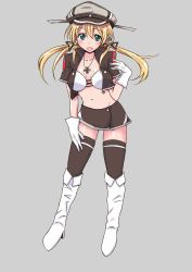 Rule 34 | 10s, 1girl, blonde hair, blush, boots, breasts, breasts apart, chan (akuty ikkot), full body, gloves, green eyes, hat, high heel boots, high heels, highres, jacket, kantai collection, long hair, looking at viewer, miniskirt, navel, open mouth, peaked cap, prinz eugen (kancolle), race queen, simple background, skirt, solo, standing, thighhighs, twintails, white thighhighs