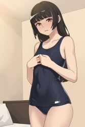 Rule 34 | 1girl, black hair, blush, breasts, brown eyes, commentary request, covered navel, hime cut, indoors, long hair, one-piece swimsuit, original, parted lips, school swimsuit, small breasts, solo, swimsuit, yizumi