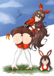 Rule 34 | 1girl, absurdres, amber (genshin impact), ass, baron bunny (genshin impact), blush, boots, breasts, brown eyes, brown hair, cameltoe, come hither, from behind, genshin impact, gloves, grin, hair ribbon, hairband, highres, huge ass, laceysx, leaning, leaning forward, long hair, looking at viewer, looking back, medium breasts, one eye closed, ribbon, shiny skin, short shorts, shorts, sideboob, smile, solo, stuffed toy, thigh boots, thighhighs, very long hair
