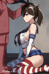 Rule 34 | 1boy, 1girl, admiral (kancolle), artist name, black hair, black hairband, black neckerchief, black panties, blue sailor collar, blue skirt, breasts, brown eyes, brown hair, cosplay, crop top, eckert&amp;eich, elbow gloves, empty eyes, gloves, hairband, highleg, highleg panties, highres, kaga (kancolle), kantai collection, large breasts, little boy admiral (kancolle), long hair, looking up, microskirt, miniskirt, neckerchief, one-hour drawing challenge, panties, pleated skirt, sailor collar, shimakaze (kancolle), shimakaze (kancolle) (cosplay), shirt, side ponytail, sitting, skirt, sleeveless, sleeveless shirt, striped clothes, striped thighhighs, thighhighs, twitter username, underwear, white gloves