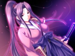 Rule 34 | 1girl, atelier kaguya, ayame neuendorf, breasts, dungeon crusaderz, dungeon crusaderz tales of demon eater, game cg, japanese clothes, katana, kimono, long hair, looking at viewer, m&amp;m, ponytail, purple eyes, purple hair, serious, simple background, solo, standing, sword, weapon