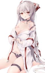 Rule 34 | 1girl, :d, absurdres, bare shoulders, barefoot, bow, bra, breasts, cleavage, collar, commentary request, floral print, fujiwara no mokou, groin, hair bow, highres, hiiro60, large breasts, leg belt, light blush, long hair, long sleeves, looking at viewer, multi-tied hair, off shoulder, open mouth, panties, red bow, seiza, silver hair, simple background, sitting, smile, solo, suspenders, touhou, unbuttoned, unbuttoned shirt, underwear, very long hair, white background, white bow