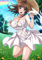 Rule 34 | 00s, 1girl, breasts, brown eyes, brown hair, cleavage, collarbone, day, dress, hat, high ponytail, ikkitousen, large breasts, looking at viewer, open mouth, outdoors, rainbow, short hair, sky, solo, standing, standing on one leg, sundress, tree, wet, wet clothes, wet dress, white dress, yagyu mitsuyoshi