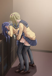 Rule 34 | 1futa, 1girl, blonde hair, blue skirt, blush, brown footwear, clothes lift, clothes pull, cum, cum on body, cum on clothes, cum on lower body, cum overflow, doggystyle, from side, futa with female, futanari, highres, inuyama aoi, loafers, long hair, long sleeves, multiple girls, oogaki chiaki, pantyhose, pantyhose pull, plaid, plaid skirt, purple hair, raitaroo, school uniform, serafuku, sex, sex from behind, shoes, side ponytail, skirt, skirt lift, standing, standing sex, sweat, swept bangs, twintails, yurucamp