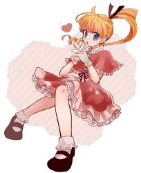 Rule 34 | 1girl, biscuit krueger, blue eyes, brown hair, capelet, dress, drill hair, drill ponytail, frilled socks, frills, gloves, hair ribbon, heart, highres, hunter x hunter, interlocked fingers, kasasagi (petarpan), lolita fashion, long hair, looking at viewer, mary janes, open mouth, own hands clasped, own hands together, red dress, ribbon, shoes, socks, solo, white socks