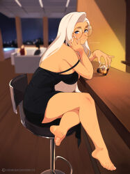 Rule 34 | 1girl, alcohol, barefoot, blue eyes, counter, dress, feet, glasses, hand on own cheek, hand on own face, highres, june (squeezable), light blush, long hair, looking at viewer, parted lips, round eyewear, sitting, soles, squeezable (squeezabledraws), toes, tumbler glass, whiskey, white hair
