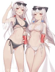 Rule 34 | 2girls, :d, absurdres, arm up, armpits, bikini, black bikini, bow, breasts, can, choyeon, cleavage, collarbone, commission, drink can, eyewear on head, frown, hair bow, hair ornament, halterneck, highres, holding, large breasts, long hair, long legs, looking at viewer, middle finger, multiple girls, navel, open clothes, open mouth, original, red eyes, second-party source, see-through, side-tie bikini bottom, silver hair, simple background, smile, soda can, standing, stomach, string bikini, sunglasses, swimsuit, swimsuit cover-up, thigh gap, thighs, very long hair, white background, white bikini