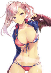 Rule 34 | 1girl, absurdres, american flag, american flag bikini, american flag print, asymmetrical hair, bikini, blue eyes, blue ribbon, breasts, brown gloves, cleavage, collarbone, commentary request, cowboy shot, fate/grand order, fate (series), fingerless gloves, flag print, front-tie bikini top, front-tie top, gloves, gluteal fold, grin, groin, hand up, highres, large breasts, leaning to the side, long hair, long sleeves, looking at viewer, miyamoto musashi (fate), miyamoto musashi (fate/grand order), miyamoto musashi (swimsuit berserker) (fate), miyamoto musashi (swimsuit berserker) (second ascension) (fate), multi-strapped bikini, navel, pink hair, print bikini, ribbon, shrug (clothing), side ponytail, simple background, smile, solo, swimsuit, tan, tanline, tomozero, white background