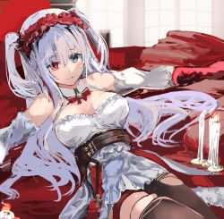 Rule 34 | 1girl, azur lane, belt, black pantyhose, blue eyes, bow, bowtie, breasts, candle, closed mouth, dress, elbing (azur lane), elbing (the throne of misfortune) (azur lane), feet out of frame, hair ornament, heterochromia, highres, hinaname, long hair, looking at viewer, lying, medium breasts, official alternate costume, on bed, pantyhose, red bow, red bowtie, red eyes, solo, torn clothes, torn pantyhose, twintails, white dress, white hair