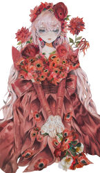 Rule 34 | 1girl, closed mouth, detached sleeves, dress, earrings, eyebrows hidden by hair, flower, grey eyes, hair flower, hair ornament, highres, holding, holding flower, jewelry, long dress, long hair, long sleeves, looking at viewer, original, pink hair, red dress, red flower, red theme, simple background, solo, tagme, very long hair, white background, yogisya