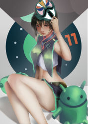Rule 34 | 1girl, adjusting mask, android, android (mascot), android (personification), arm support, bare shoulders, belt, black belt, black hair, black skirt, breasts, brown eyes, commentary, cropped shirt, english commentary, eyelashes, female focus, google, green shirt, green skirt, hair between eyes, hand on own head, highres, legs together, light smile, looking at viewer, mascot, mask, mask on head, medium breasts, midriff, original, os-tan, oshino ougi (artist), personification, shirt, short hair, sitting, skirt, sleeveless, sleeveless shirt, solo, two-tone skirt, white background, white shirt, yokozuwari