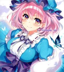 1girl blue_hat blue_kimono breasts bug butterfly chacham gradient_eyes hat insect japanese_clothes kimono looking_at_viewer multicolored_eyes pink_hair saigyouji_yuyuko short_hair smile solo touhou twitter_username upper_body